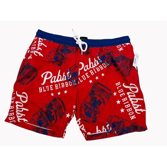 Pabst Blue Ribbon Size L Red Blue Swim Shorts Mens Recycled Polyester NWT - Picture 1 of 6